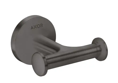 Handtuchhaken aus gebürstetem schwarzem Chrom von AXOR, mit einer runden Wandplatte und einem doppelten Haken-Design. Eignet sich für Badezimmer oder Küchenbereich.